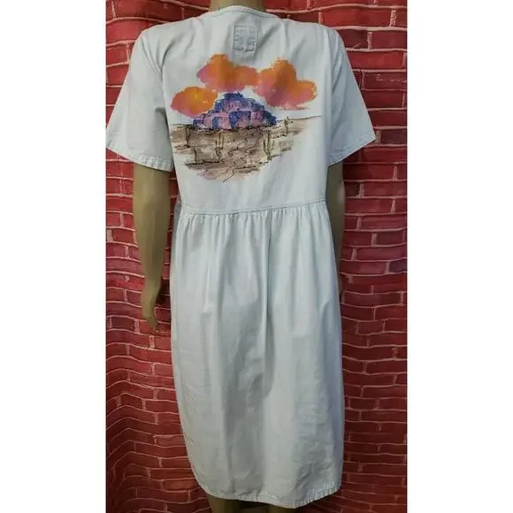 Sun Belt Denim Light Blue Size M Midi Dress ARTSY SS 🏜 Desert handpainted #CB8 - Picture 2 of 10